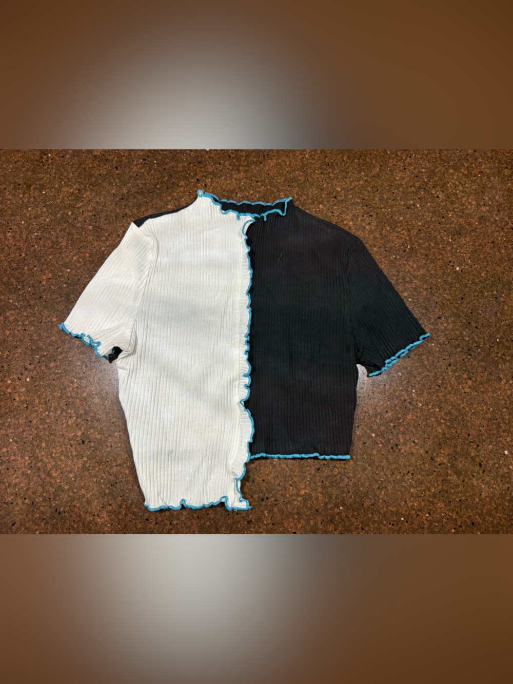 SHEIN Black & White Ribbed Colorblock Crop Top with Blue Trim